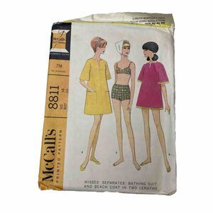 McCalls 8811 Size 12 Bust 32 Bikini Suit, Mod Dress, Tunic Dress, Caftan Dress